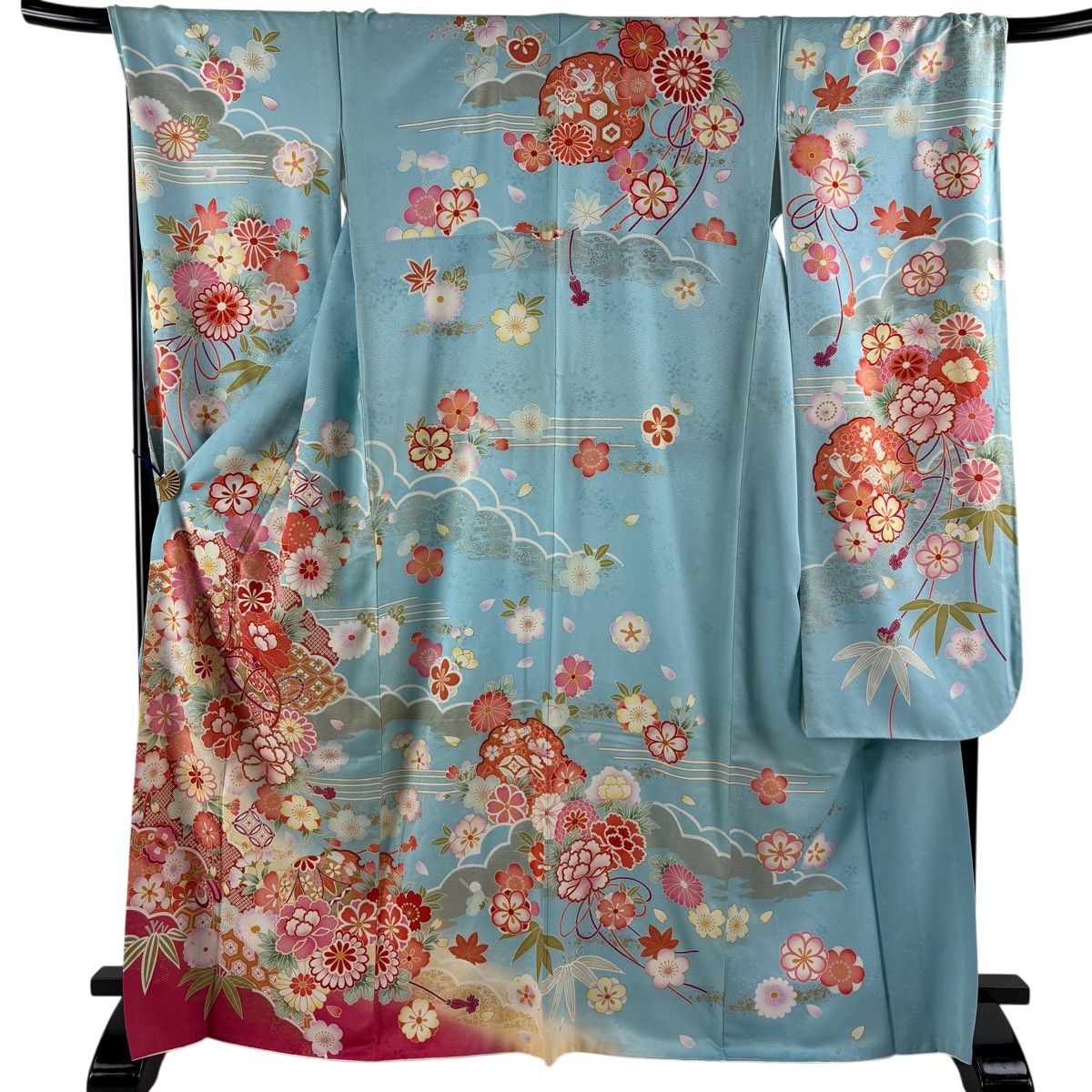 振袖 身丈168cm 裄丈70.5cm L 袷 手鞠 牡丹 金彩 ぼかし 水色 正絹 名品 【中古】