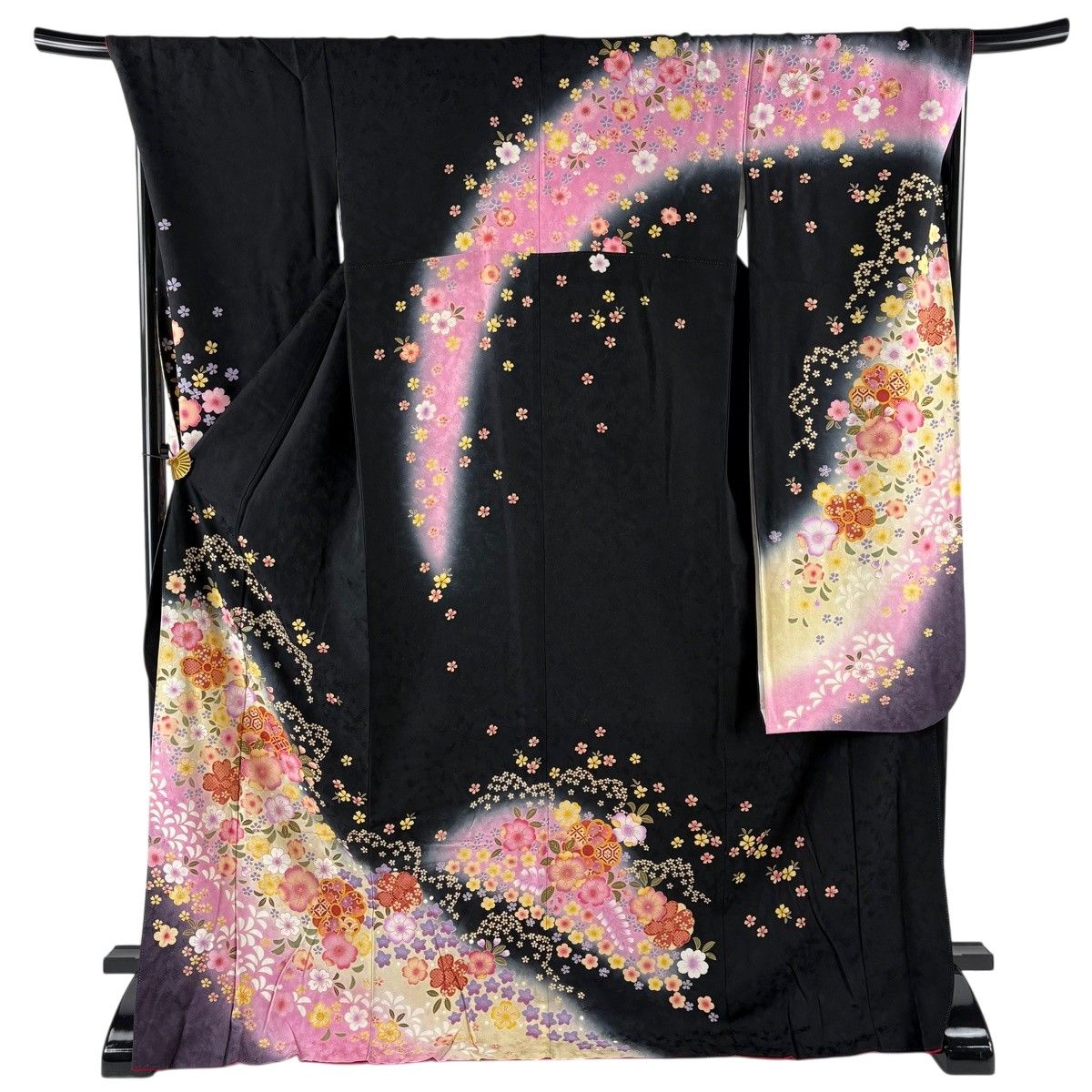 【美品】 振袖 身丈174.5cm 裄丈69cm L 袷 桜 梅 金彩 染め分け 黒 正絹 名品 【中古】