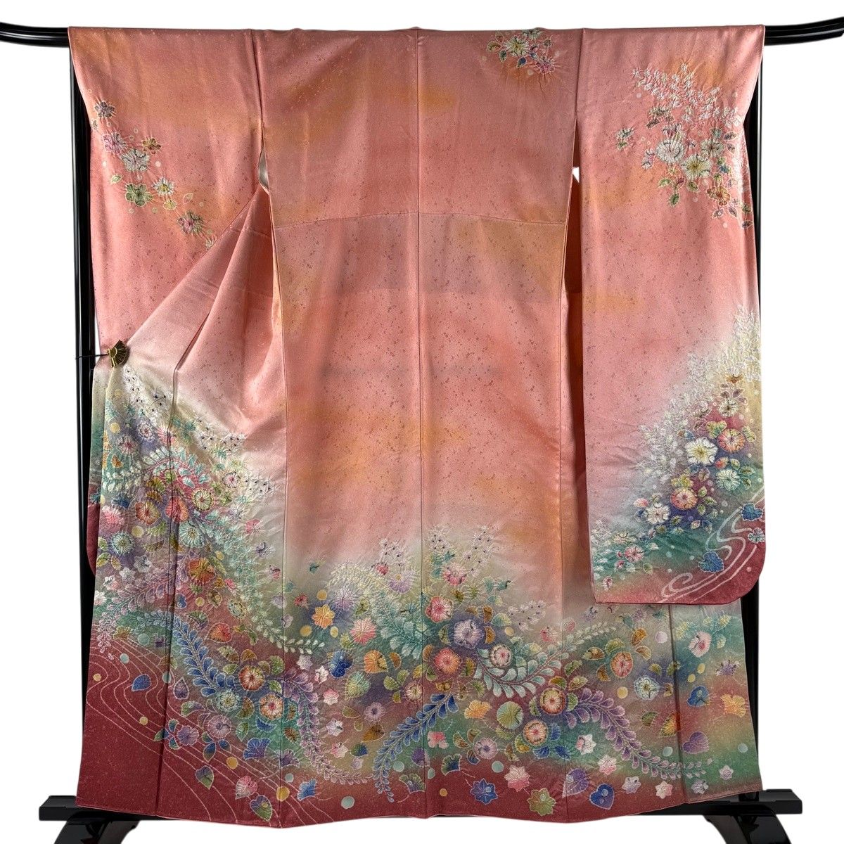振袖 身丈159cm 裄丈67cm M 袷 落款 辻が花 金彩 金通し サーモンピンク 正絹 名品 【中古】