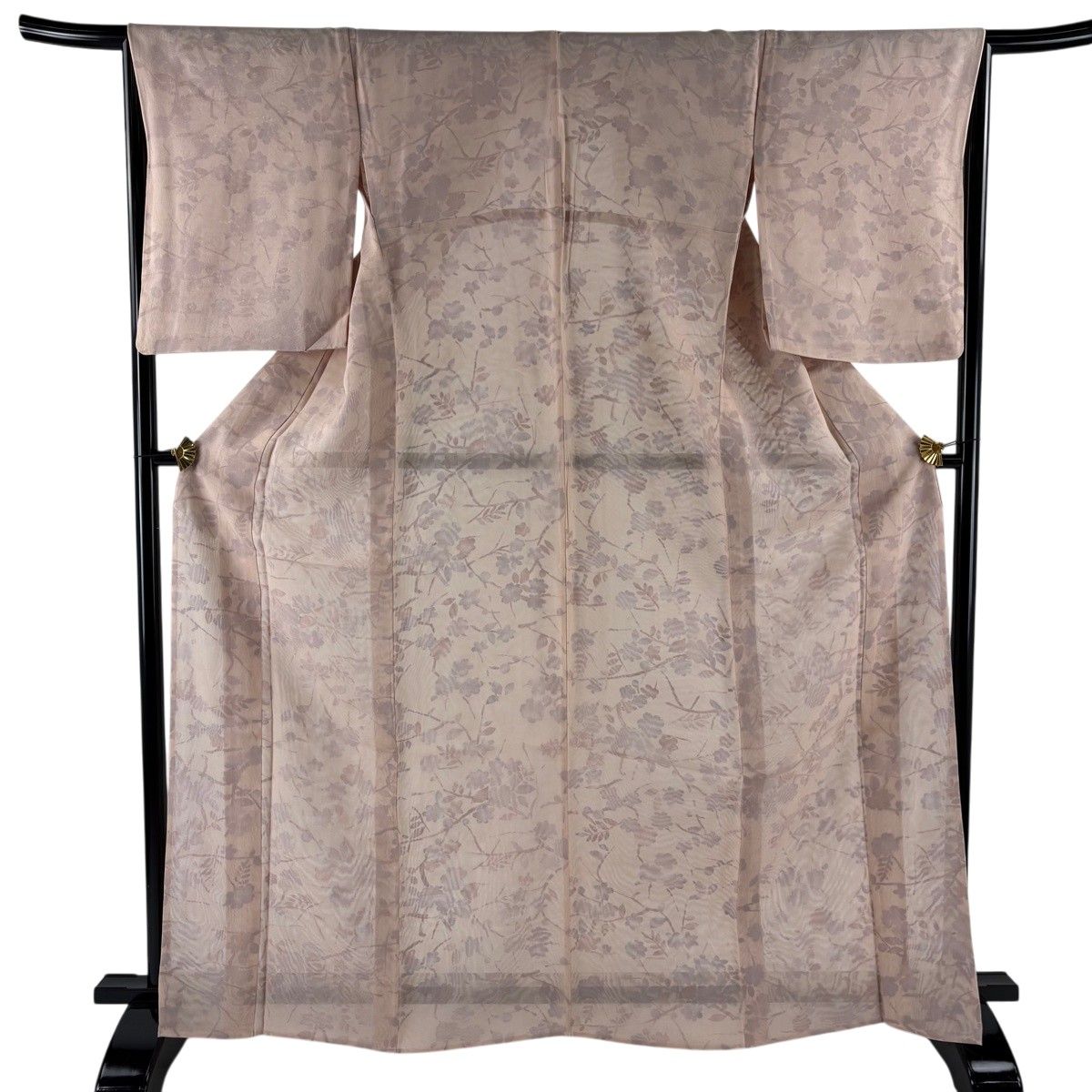 【美品】 小紋 身丈166cm 裄丈66cm M 紗袷 枝花 薄ピンク 正絹 名品 【中古】