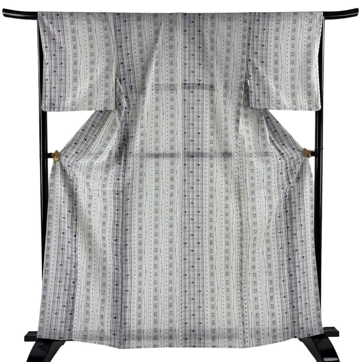 【美品】 小紋 身丈163cm 裄丈66.5cm M 単衣 縦縞 格子 灰白 正絹 名品 【中古】
