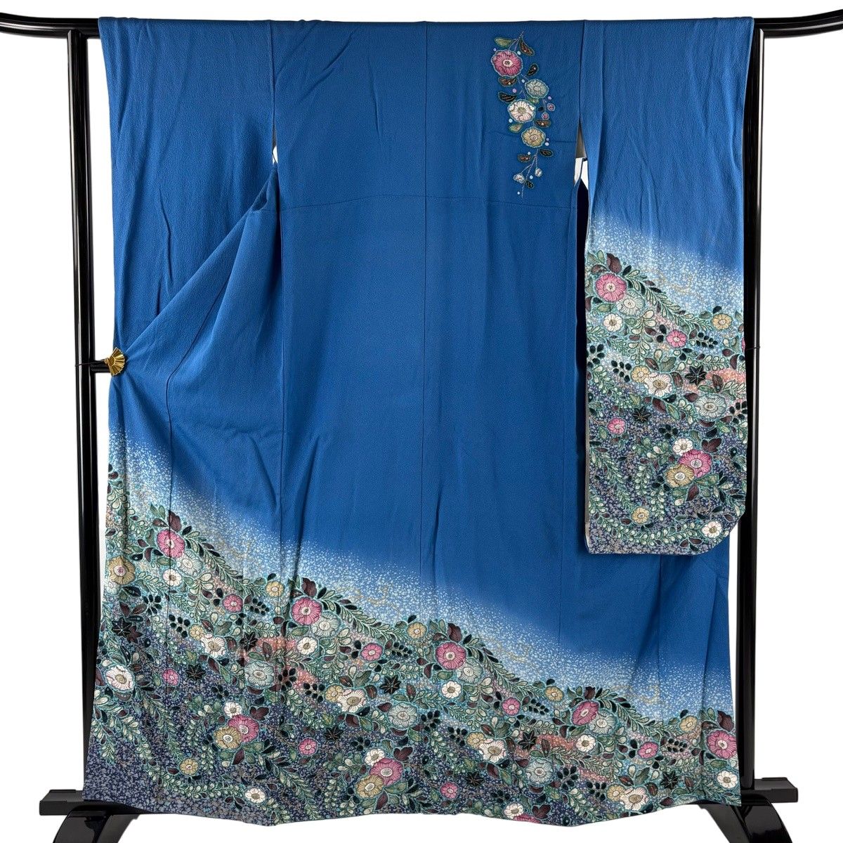 振袖 身丈161cm 裄丈62.5cm S 袷 落款 辻が花柄 絞り 金彩 青 正絹 名品 【中古】