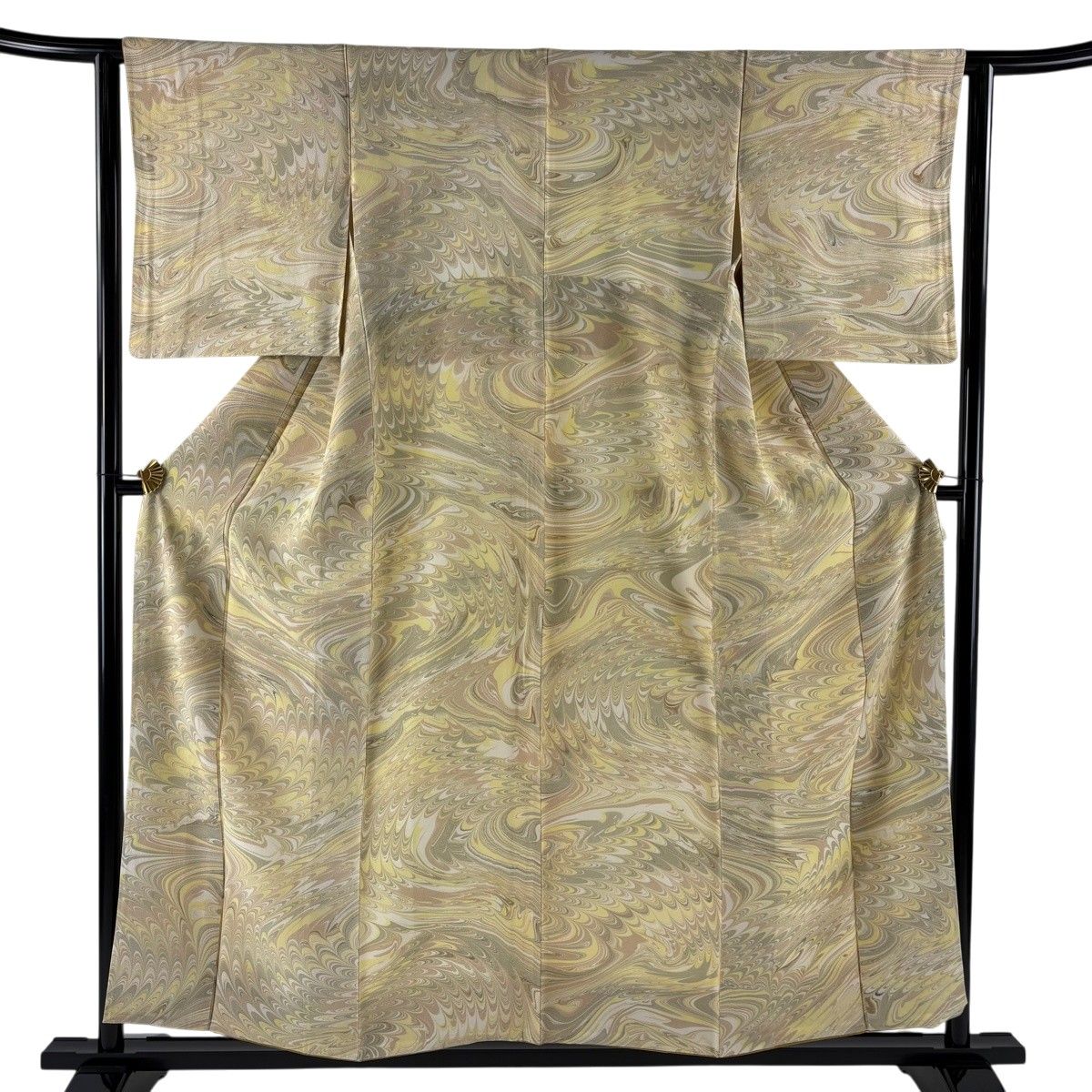 【美品】 小紋 身丈155cm 裄丈62.5cm S 袷 墨流し 幾何学模様 薄黄 正絹 名品 【中古】