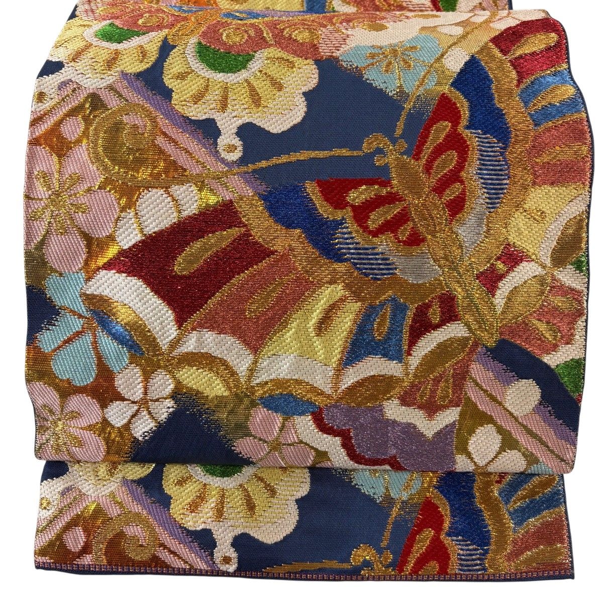 【美品】 袋帯 名品 関西仕立て 環美術織物 慶賀彩蝶文 梅 箔 金銀糸 青 六通 正絹 【中古】