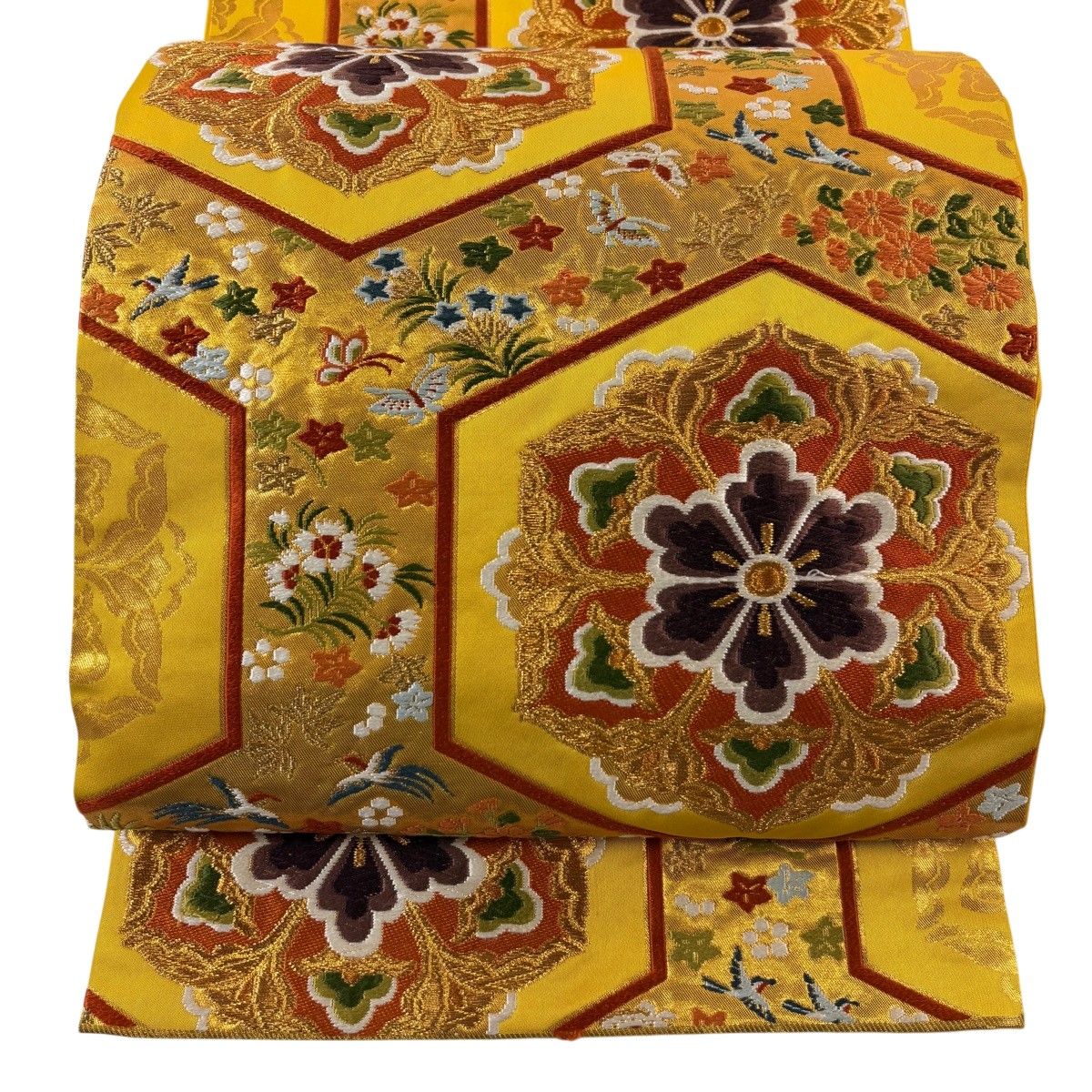 袋帯 名品 河合美術織物 落款 亀甲華文 鳥 金糸 箔 山吹色 六通 正絹 【中古】