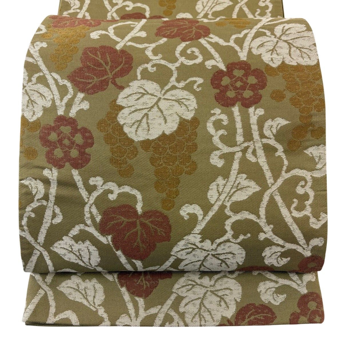 【美品】 袋帯 名品 葡萄 茶緑色 六通 正絹 【中古】