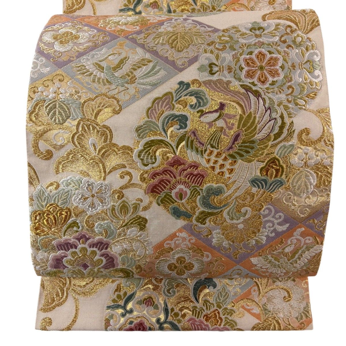 【美品】 袋帯 名品 麗姿華映文 鳳凰 華文 金銀糸 唐織 ベージュ 六通 正絹 【中古】