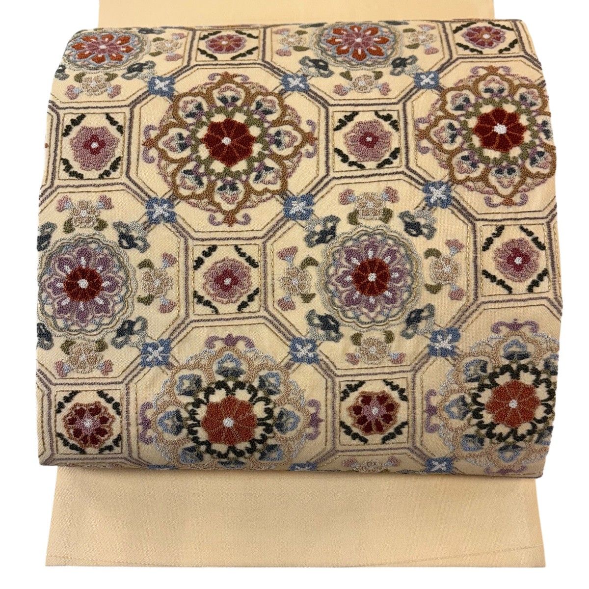 【美品】 袋帯 名品 関西仕立て 蜀江華文 草花 金糸 相良刺繍 ベージュ お太鼓柄 正絹 【中古】