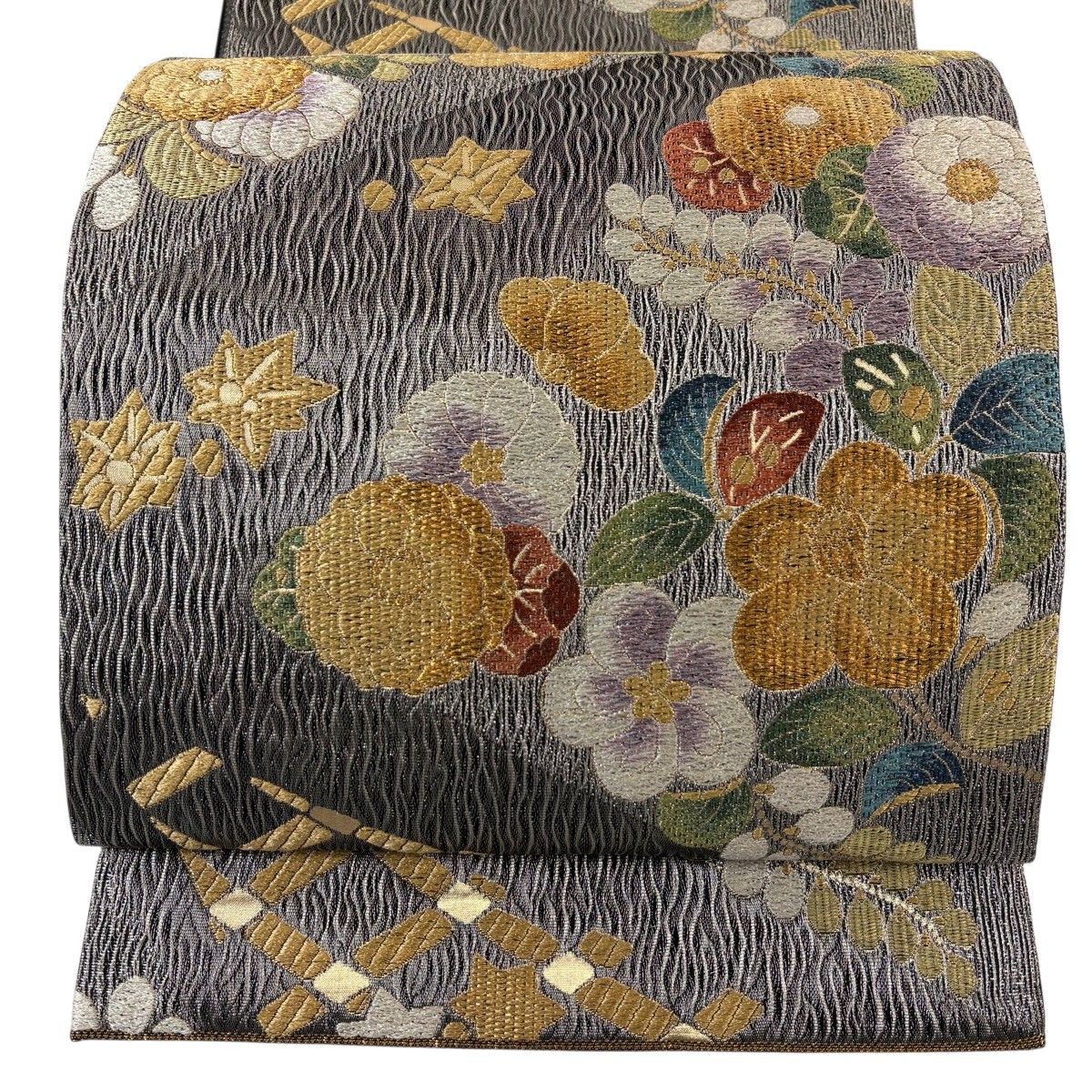 【美品】 袋帯 名品 辻が花柄 藤 金銀糸 箔あ 黒灰 六通 正絹 【中古】