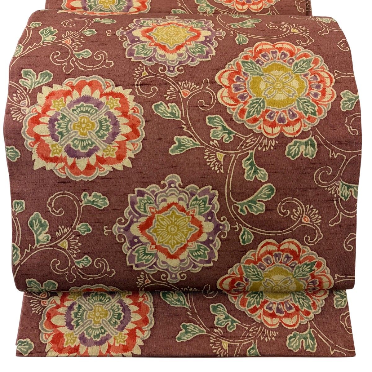 【美品】 袋帯 名品 落款 牛首紬地 華文 花唐草 小豆色 全通 正絹 【中古】