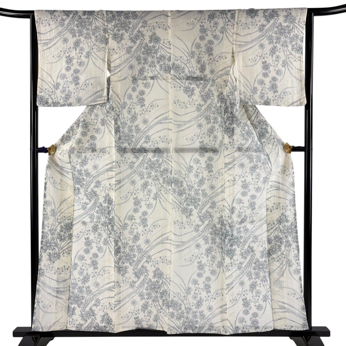 小紋 身丈159cm 裄丈64.5cm M 薄物 草花 クリーム 麻 秀品 【中古】