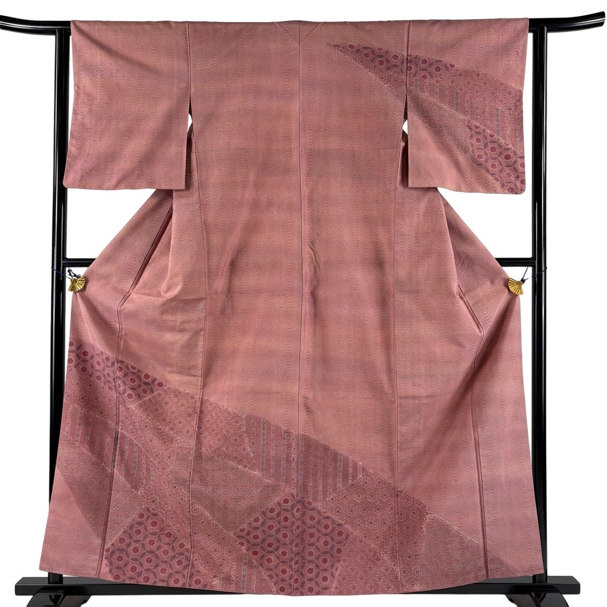 訪問着 身丈160.5cm 裄丈61.5cm S 袷 紬地 花 寄せ柄 ピンク 正絹 秀品 【中古】