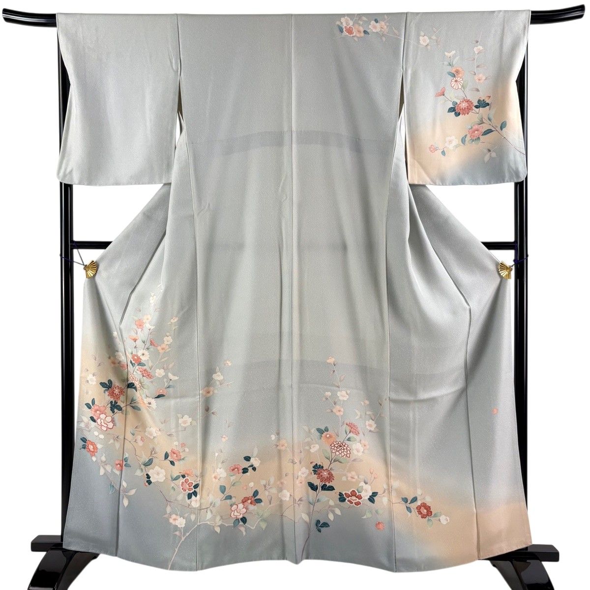訪問着 身丈161.5cm 裄丈68cm L 袷 落款 菊 枝花 ぼかし 青灰色 正絹 秀品 【中古】