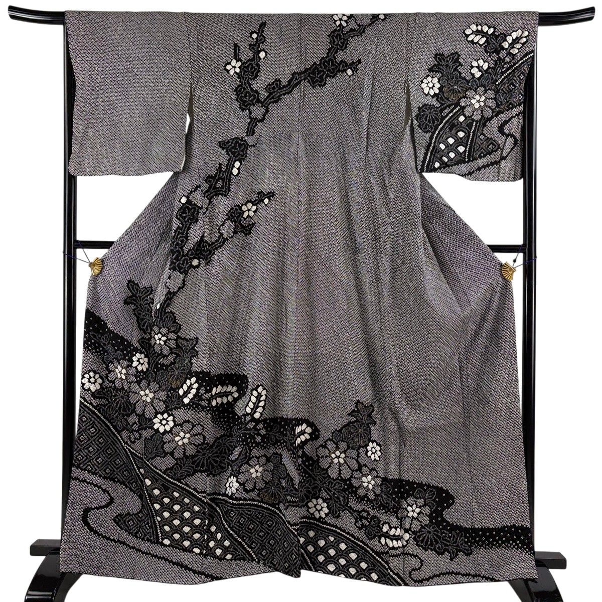 訪問着 身丈163cm 裄丈63cm S 袷 菊 青海波 金彩 絞り 黒 正絹 秀品 【中古】