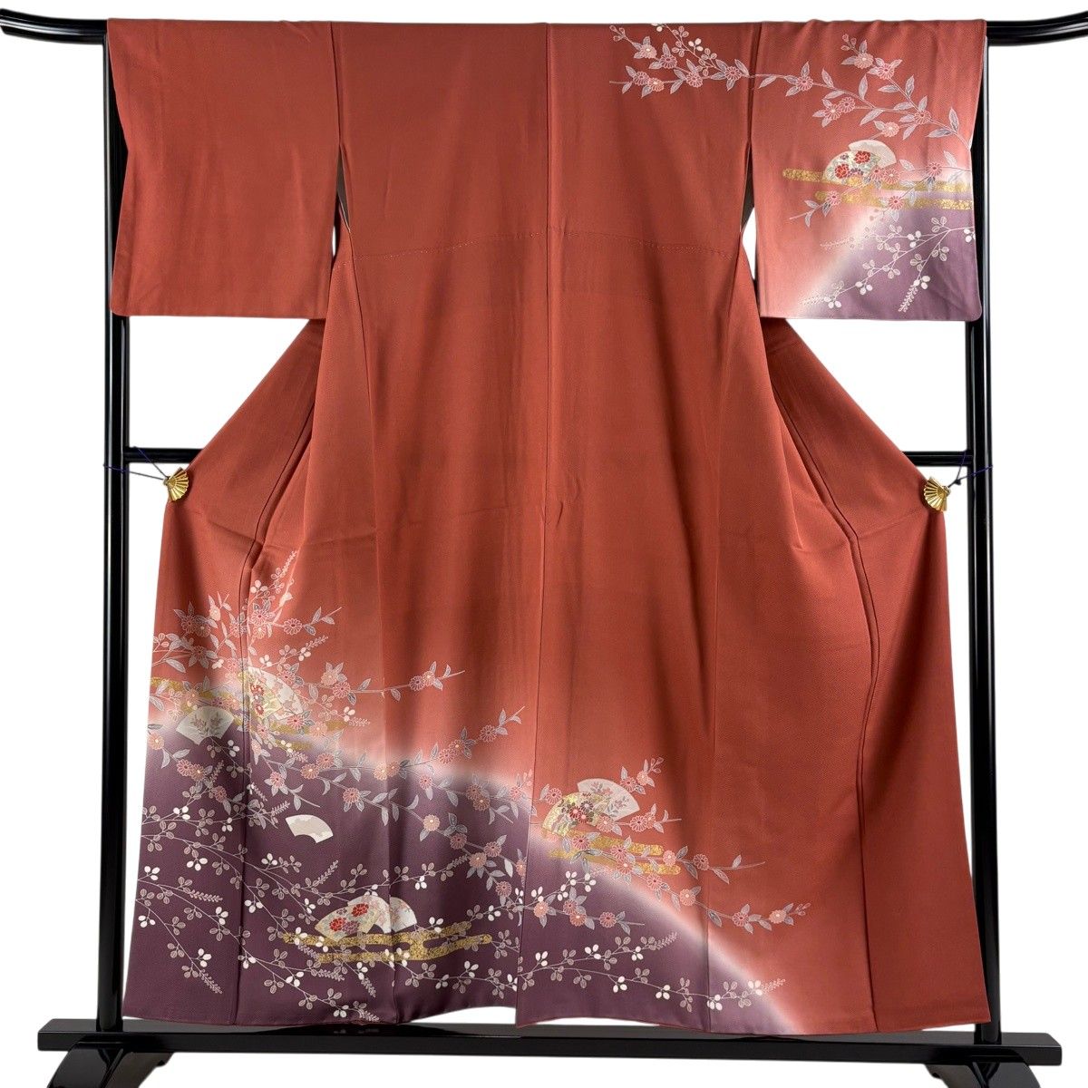 訪問着 身丈154.5cm 裄丈66cm M 袷 草花 扇面 金銀彩 ぼかし 茜色 正絹 秀品 【中古】