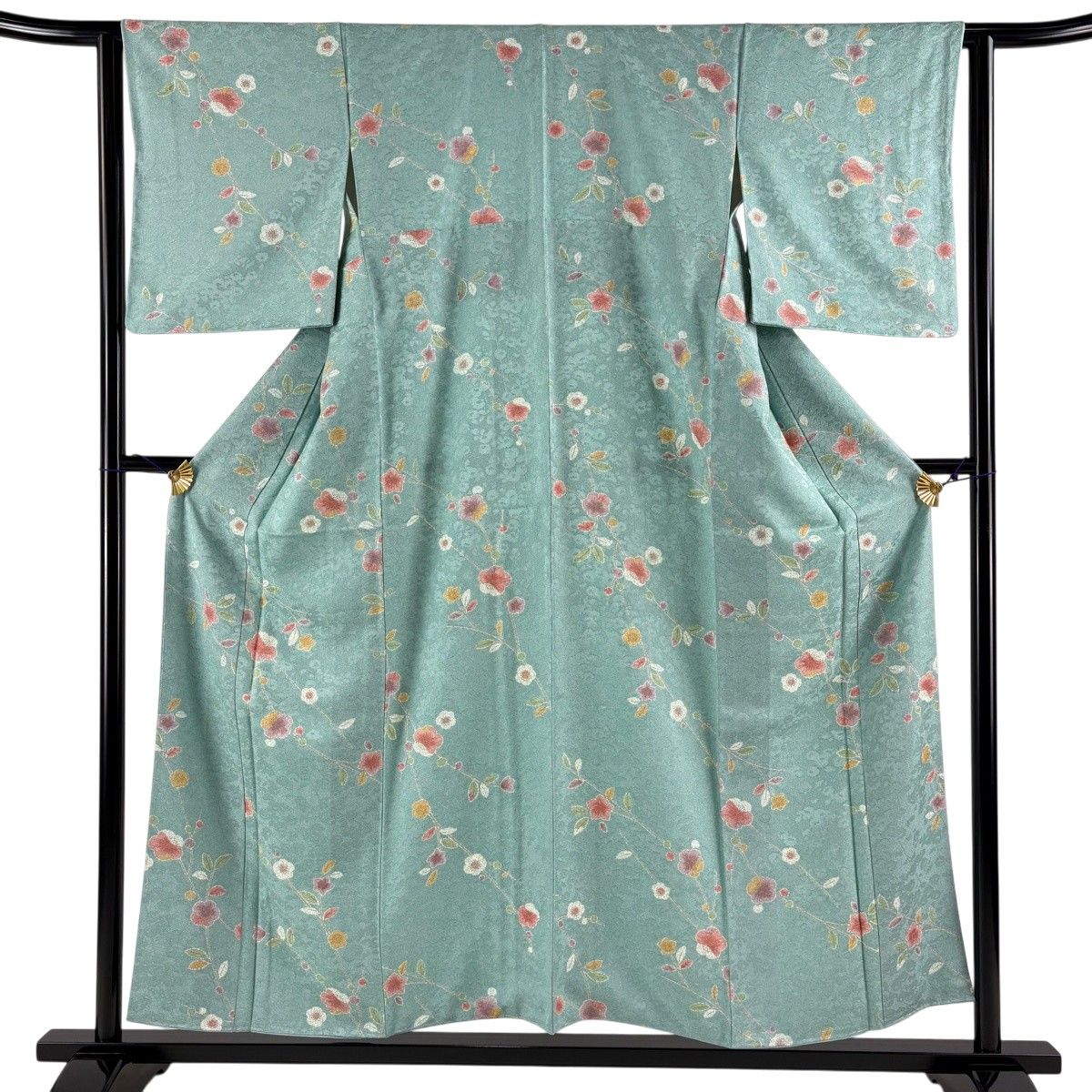 小紋 身丈154cm 裄丈63cm S 袷 地紋 枝梅 金彩 薄緑 正絹 秀品 【中古】