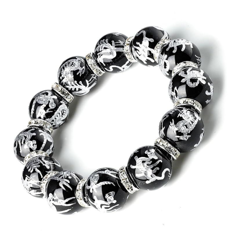 【新品】 [石輝] 銀彫り四神獣 オニキス 16mm シルバーロンデル 数珠 ブレスレット パワーストーン [b688]