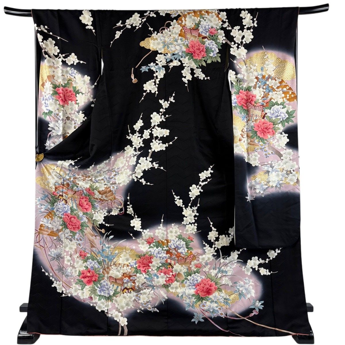 振袖 身丈175cm 裄丈68.5cm L 袷 御所車 草花 金糸 金彩 黒 正絹 秀品 【中古】