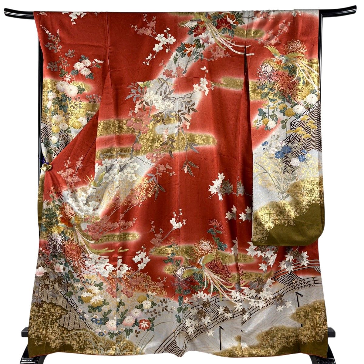 振袖 身丈167.5cm 裄丈68.5cm L 袷 尾長鳥 菊 刺繍 金糸 茜色 正絹 秀品 【中古】
