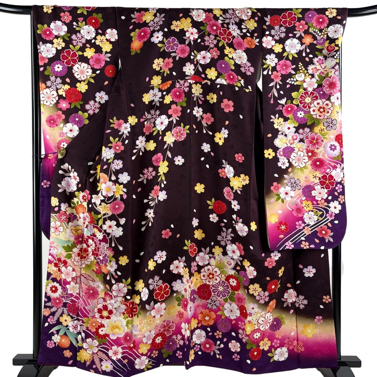 振袖 身丈159cm 裄丈69cm L 袷 雪輪 草花 金糸 染め分け 濃紫 正絹 逸品 【中古】