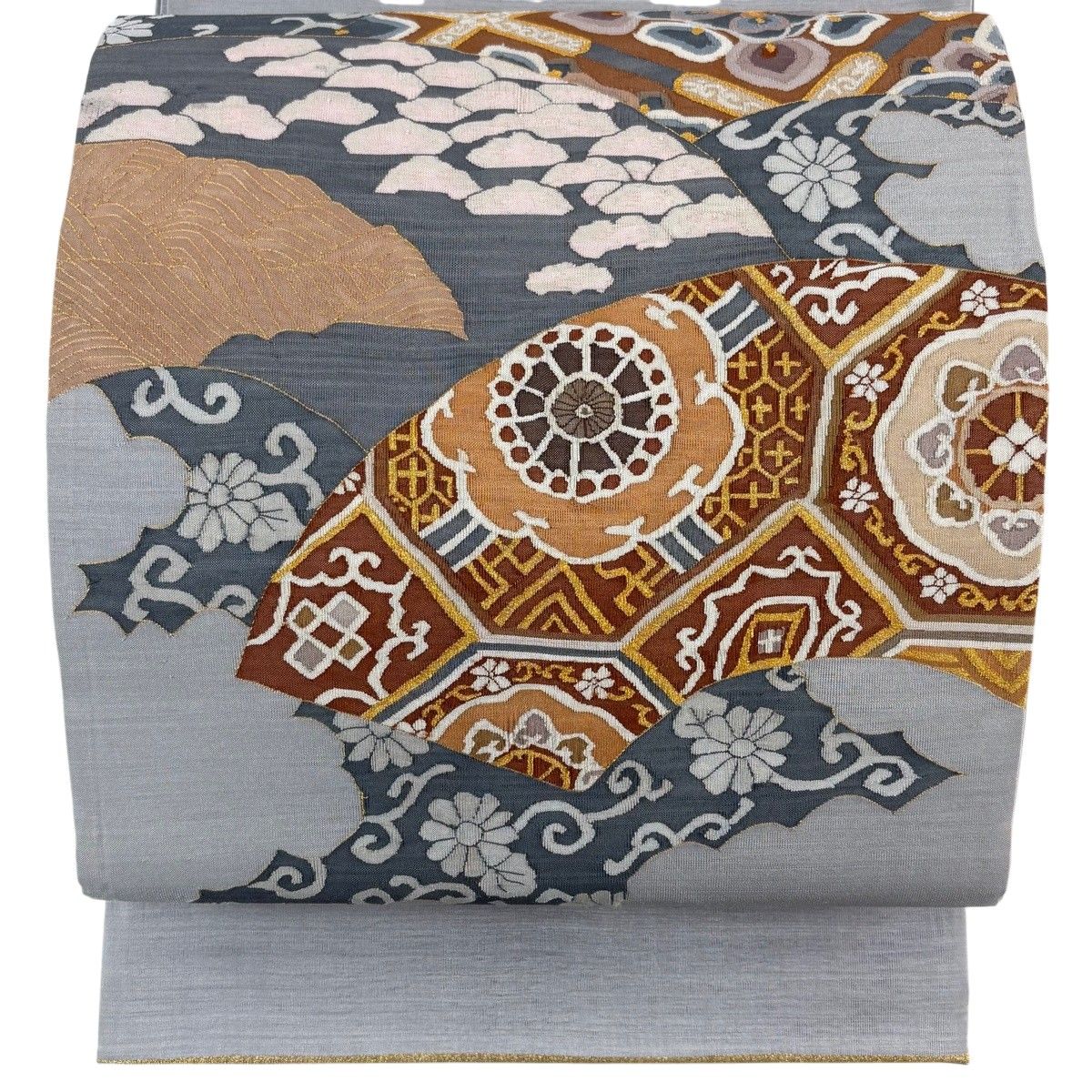 【美品】 袋帯 逸品 華文 扇面 金糸 灰色 お太鼓柄 正絹 【中古】
