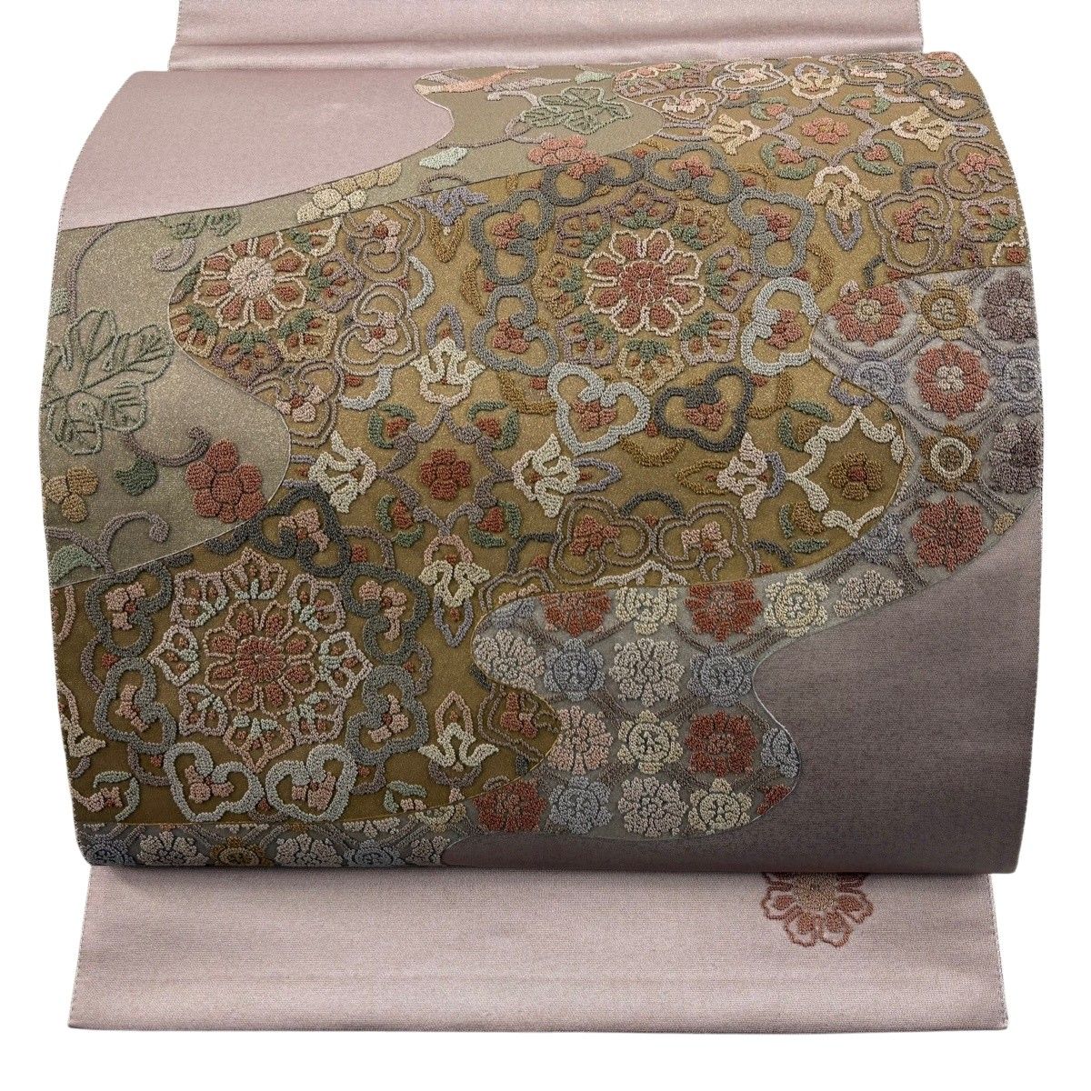 【美品】 袋帯 秀品 華文 鳥 刺繍 金通し 薄紫 お太鼓柄 正絹 【中古】