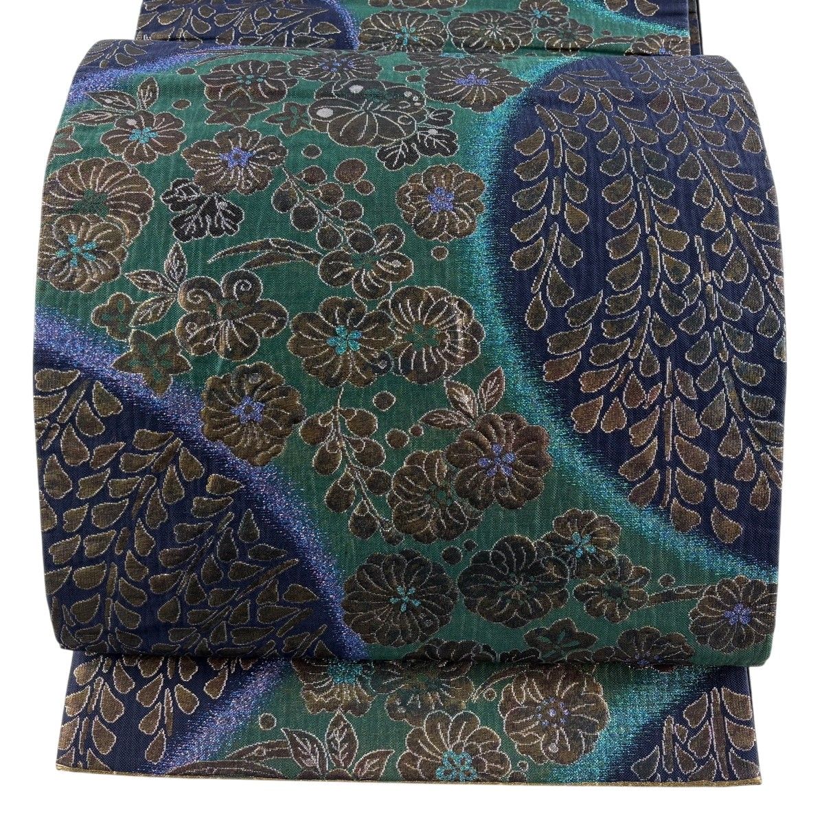 袋帯 秀品 草花 藤 箔 緑 六通 正絹 【中古】