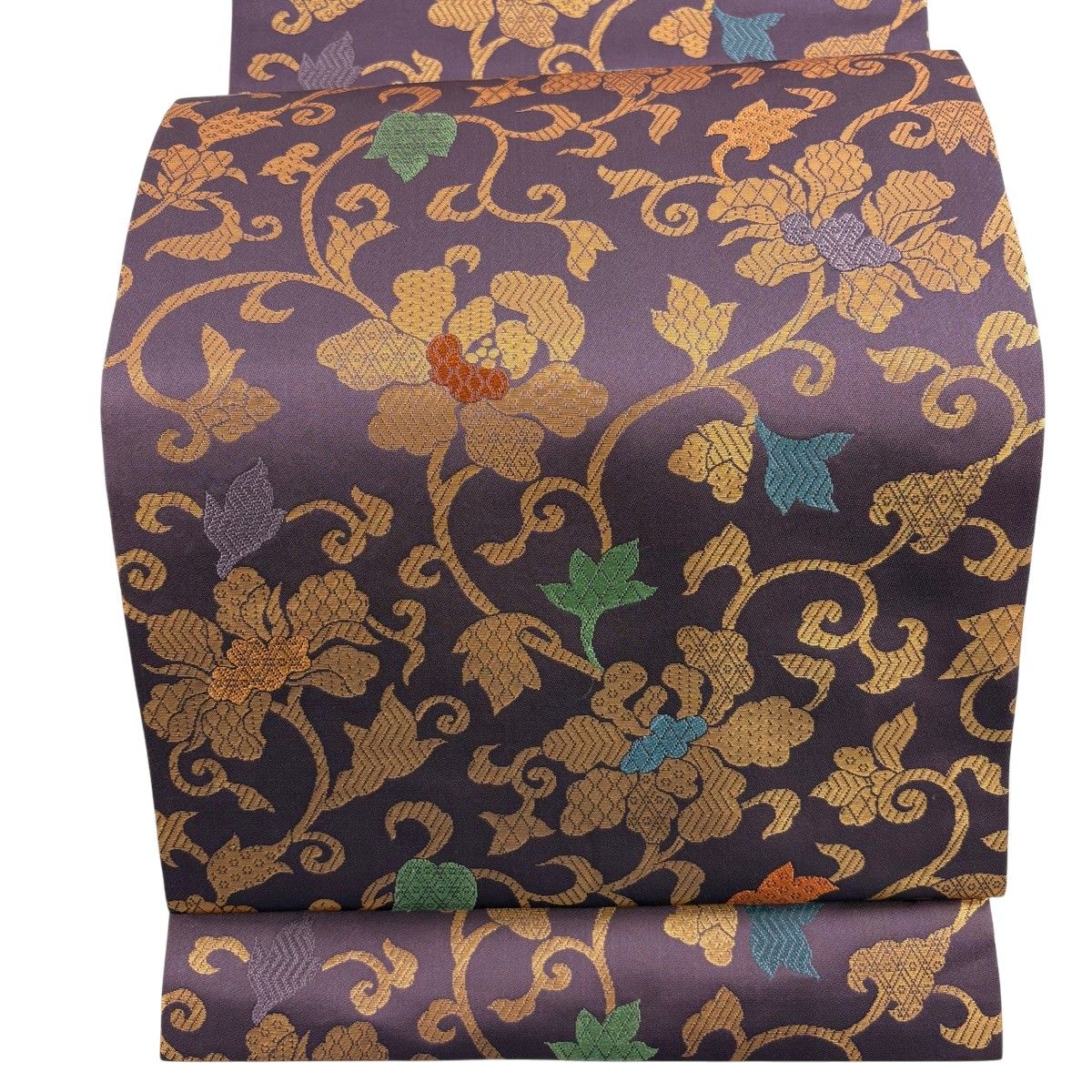 【美品】 開き名古屋帯 秀品 花唐草 箔 紫 正絹 【中古】