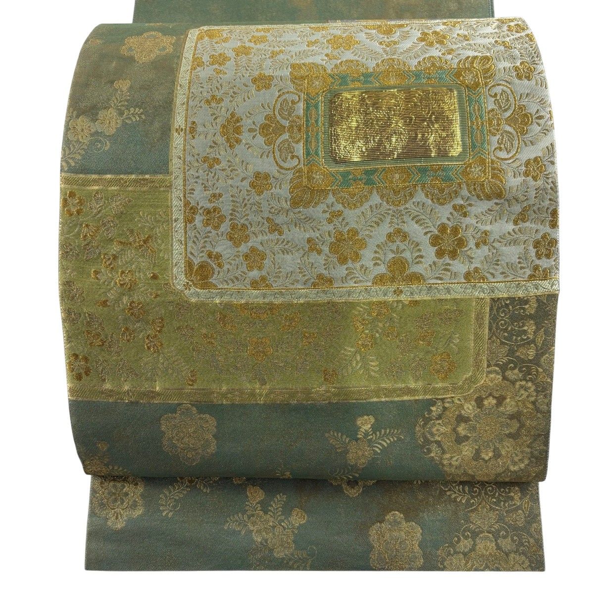 【美品】 袋帯 秀品 華文 草花 箔 金糸 緑 お太鼓柄 正絹 【中古】