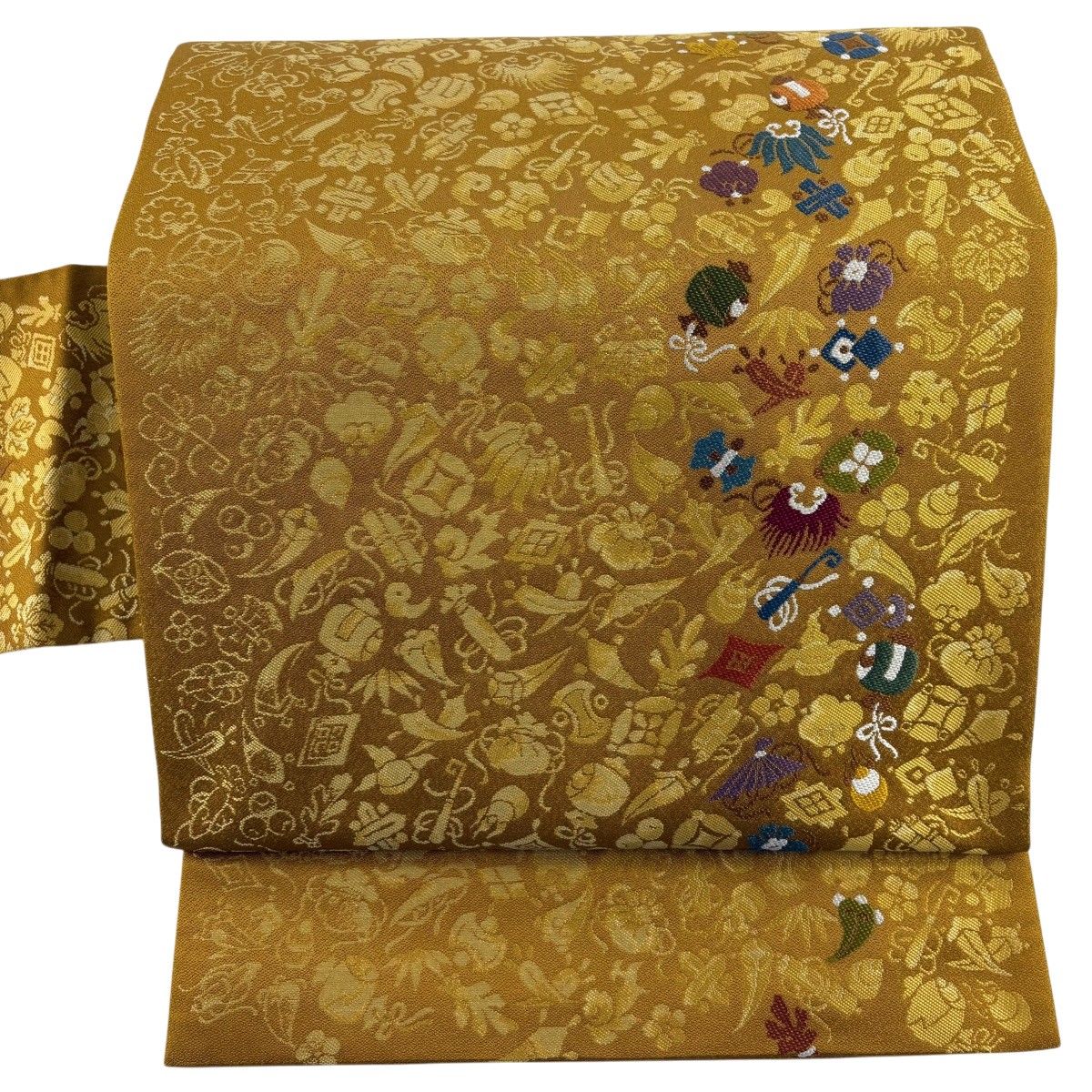 【美品】 名古屋帯 秀品 宝尽くし 山吹茶色 正絹 【中古】