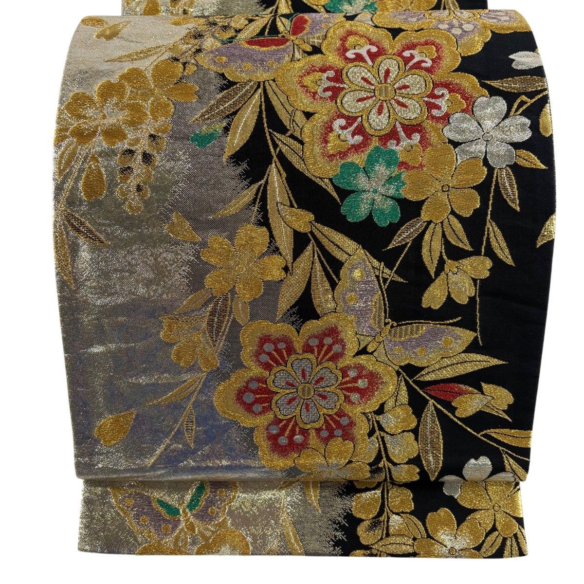 袋帯 秀品 桜 蝶 金銀糸 箔 黒 六通 正絹 【中古】