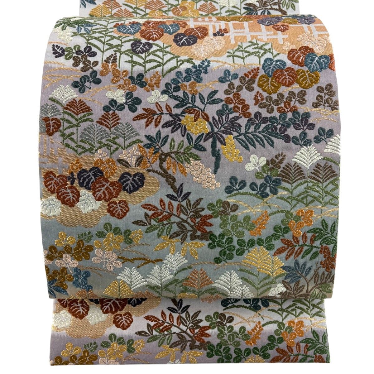 【美品】 袋帯 秀品 草花 雲文 箔 灰紫 六通 正絹 【中古】
