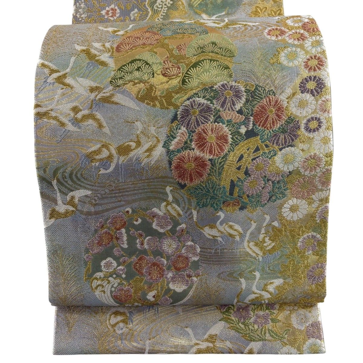 【美品】 袋帯 秀品 鶴 松梅 金糸 箔 灰紫 お太鼓柄 正絹 【中古】
