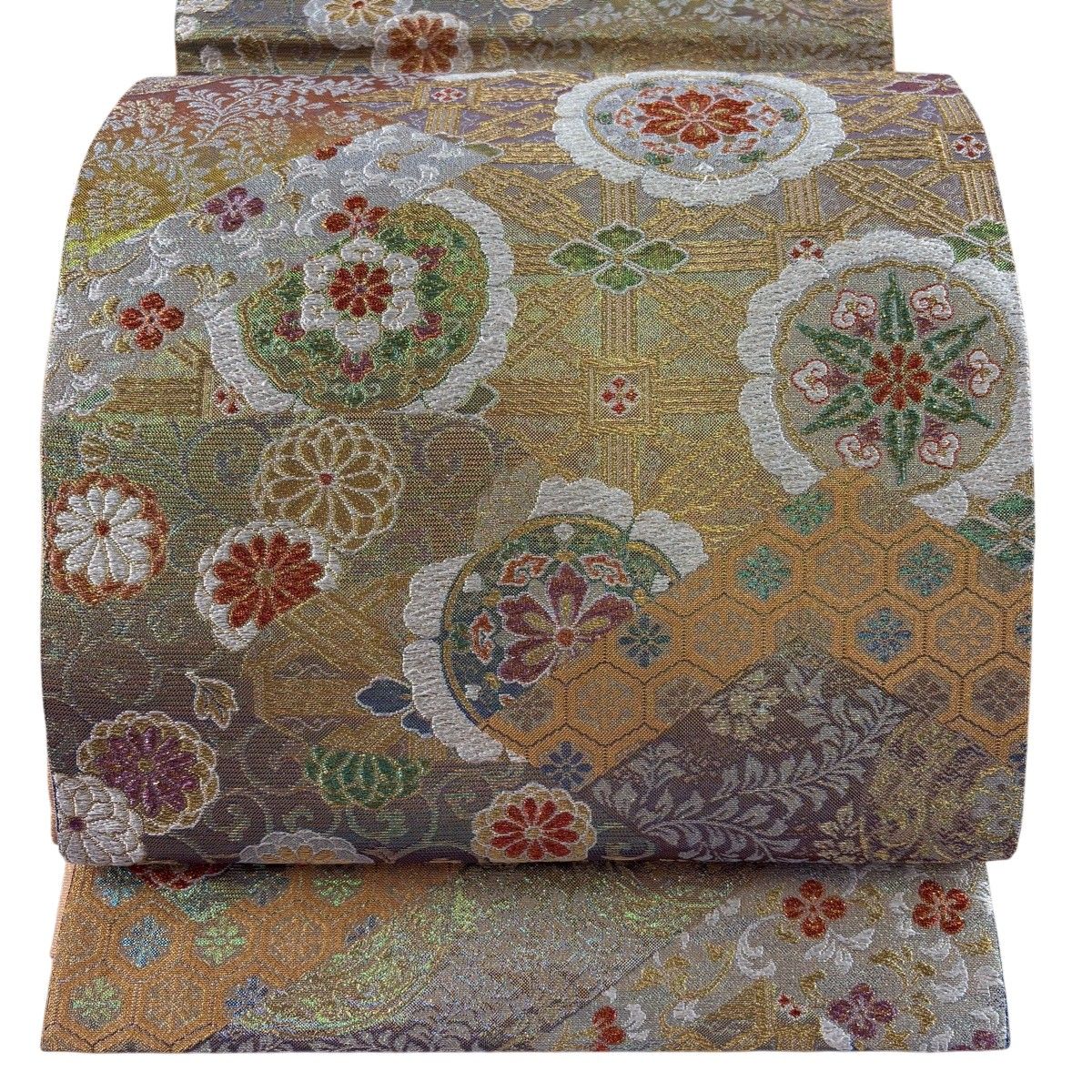 袋帯 秀品 陽文綴 華文 菊唐草 金糸 箔 金茶 六通 正絹 【中古】