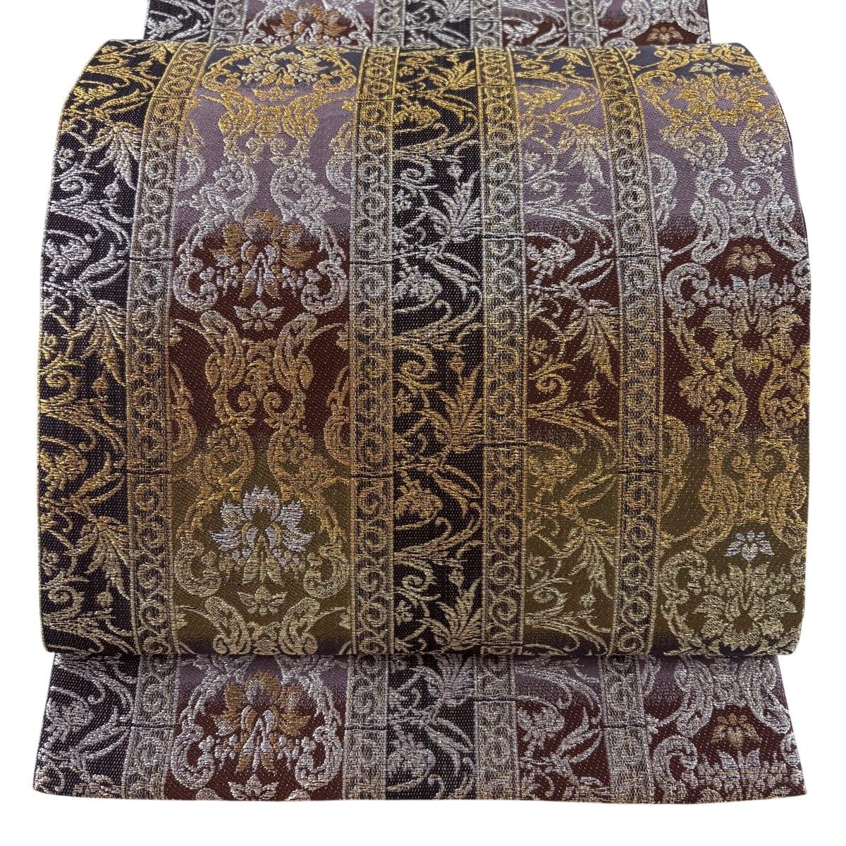 【美品】 袋帯 秀品 草花 唐草 金銀糸 茶紫 六通 正絹 【中古】