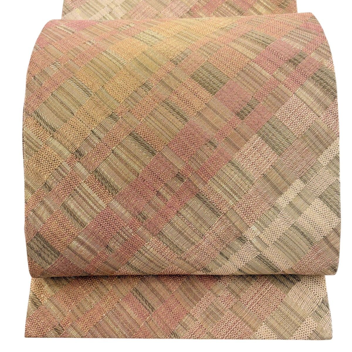 【美品】 袋帯 秀品 斜め格子 幾何学模様 金糸 箔 ピンクベージュ 全通 正絹 【中古】