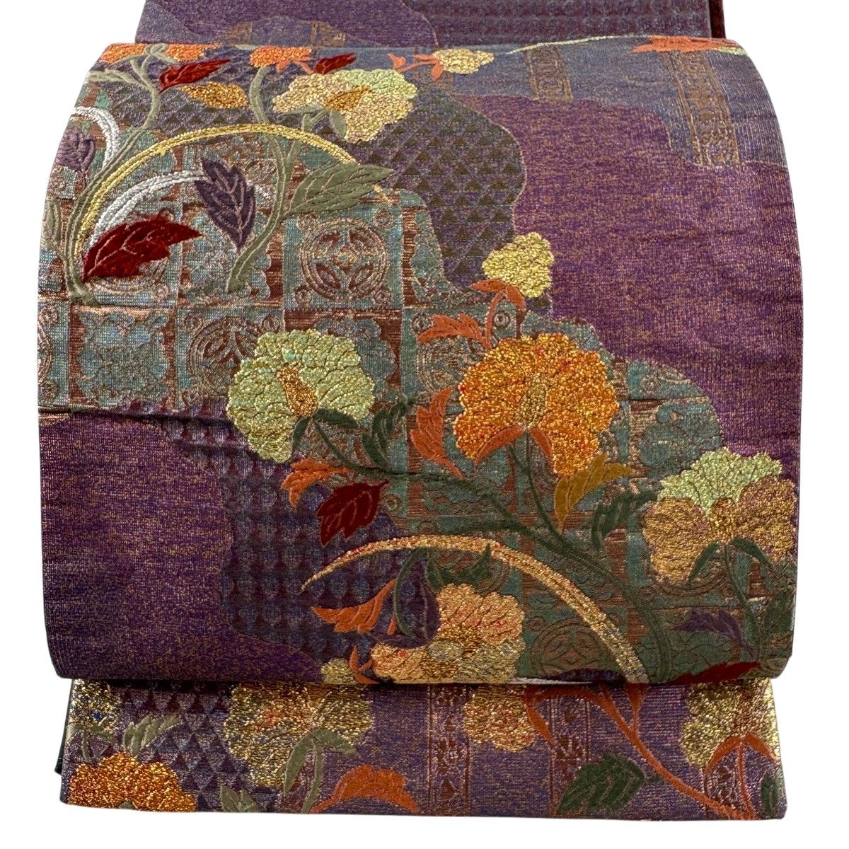袋帯 秀品 花唐草 鱗 金糸 箔 紫 六通 正絹 【中古】