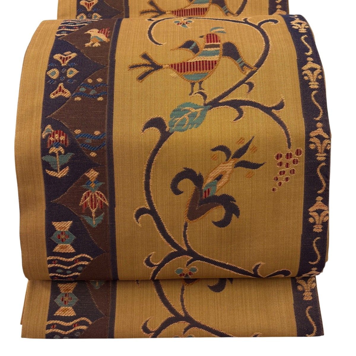 袋帯 秀品 鈴乃屋 鳥 花唐草 山吹茶色 六通 正絹 【中古】 5,440円