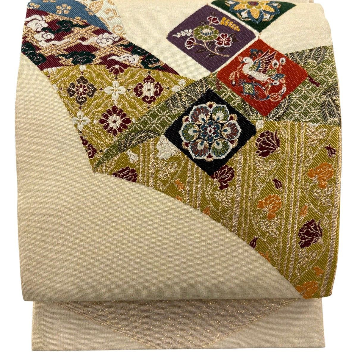 袋帯 秀品 華文 花喰鳥 金糸 箔 ベージュ お太鼓柄 正絹 【中古】