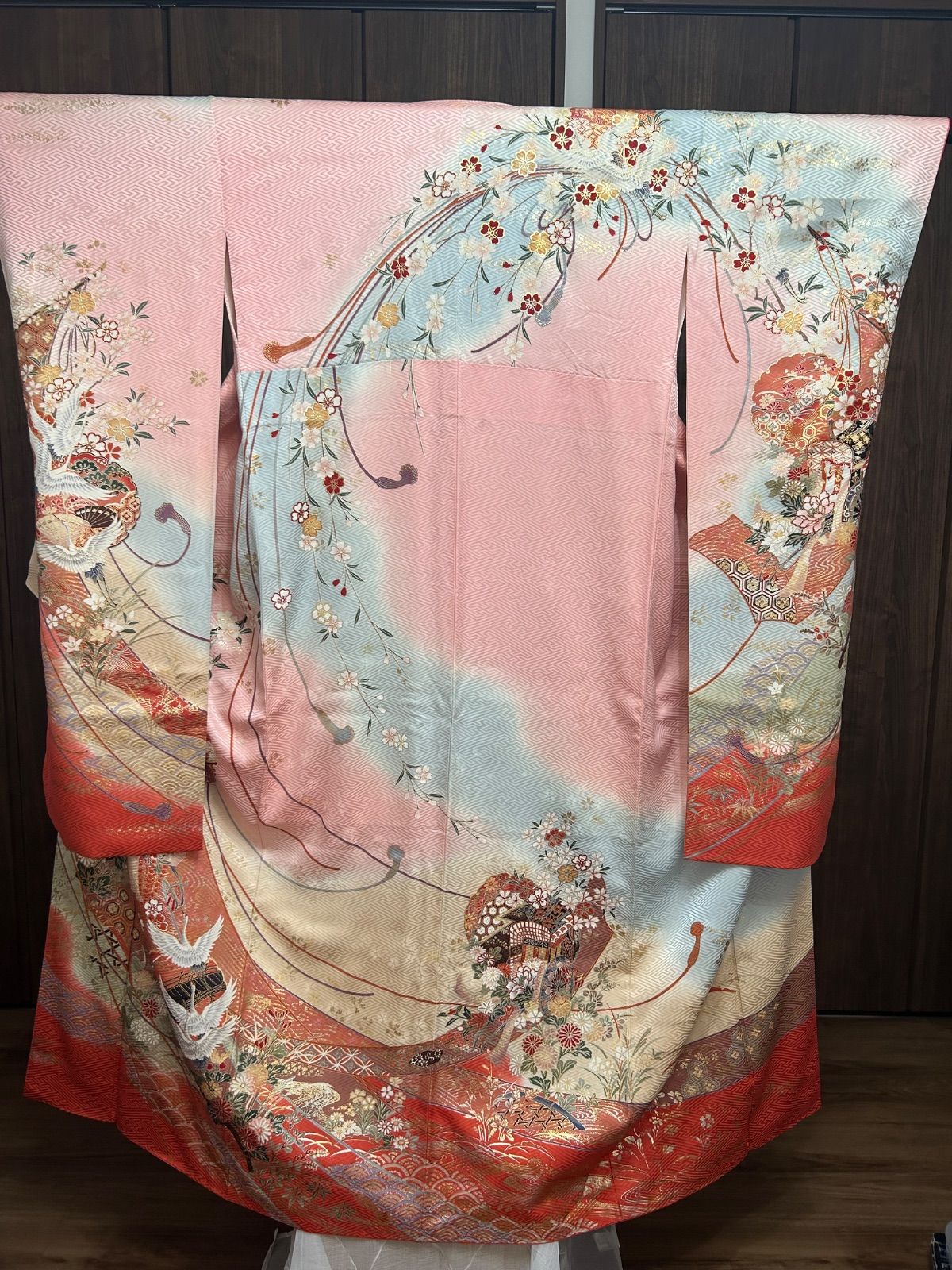 振袖 正絹 ピンク 赤 鶴 花 古典柄 高級 中古品 汚れあり 管理番号 KKVCH12
