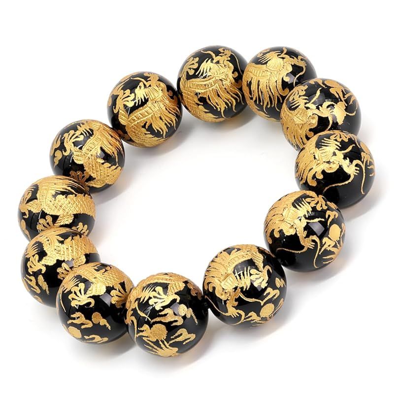 【新品】 [石輝] 金彫り五本爪皇帝龍20ｍｍ オニキス 数珠ブレスレット パワーストーン [b692]