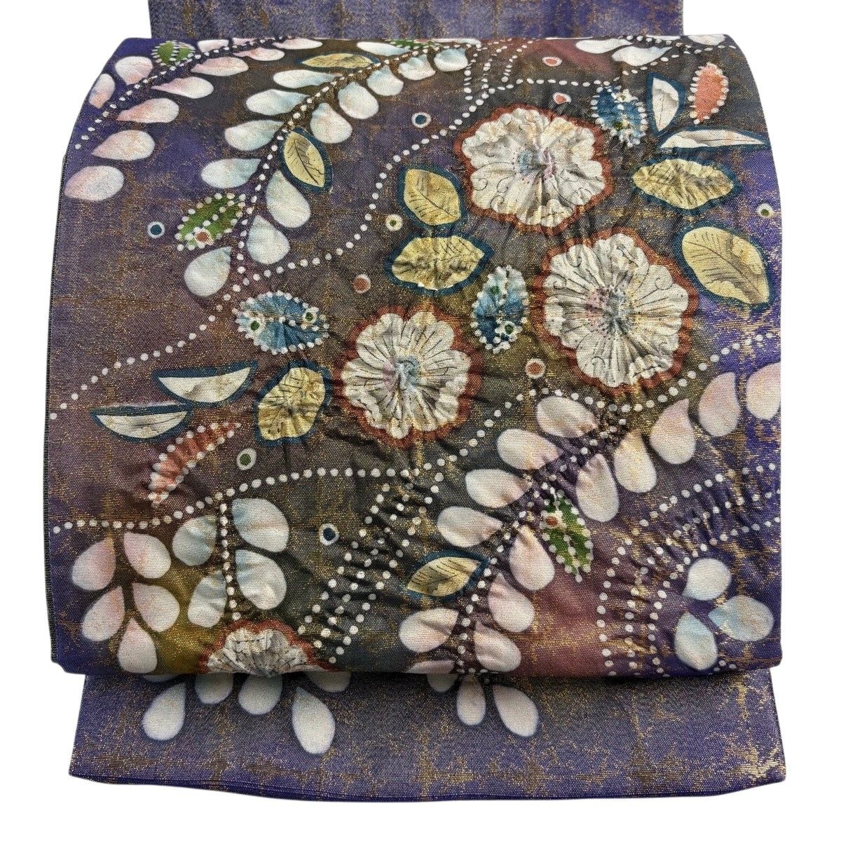 【美品】 袋帯 秀品 落款 証紙 辻が花 金通し 青紫 お太鼓柄 正絹 【中古】