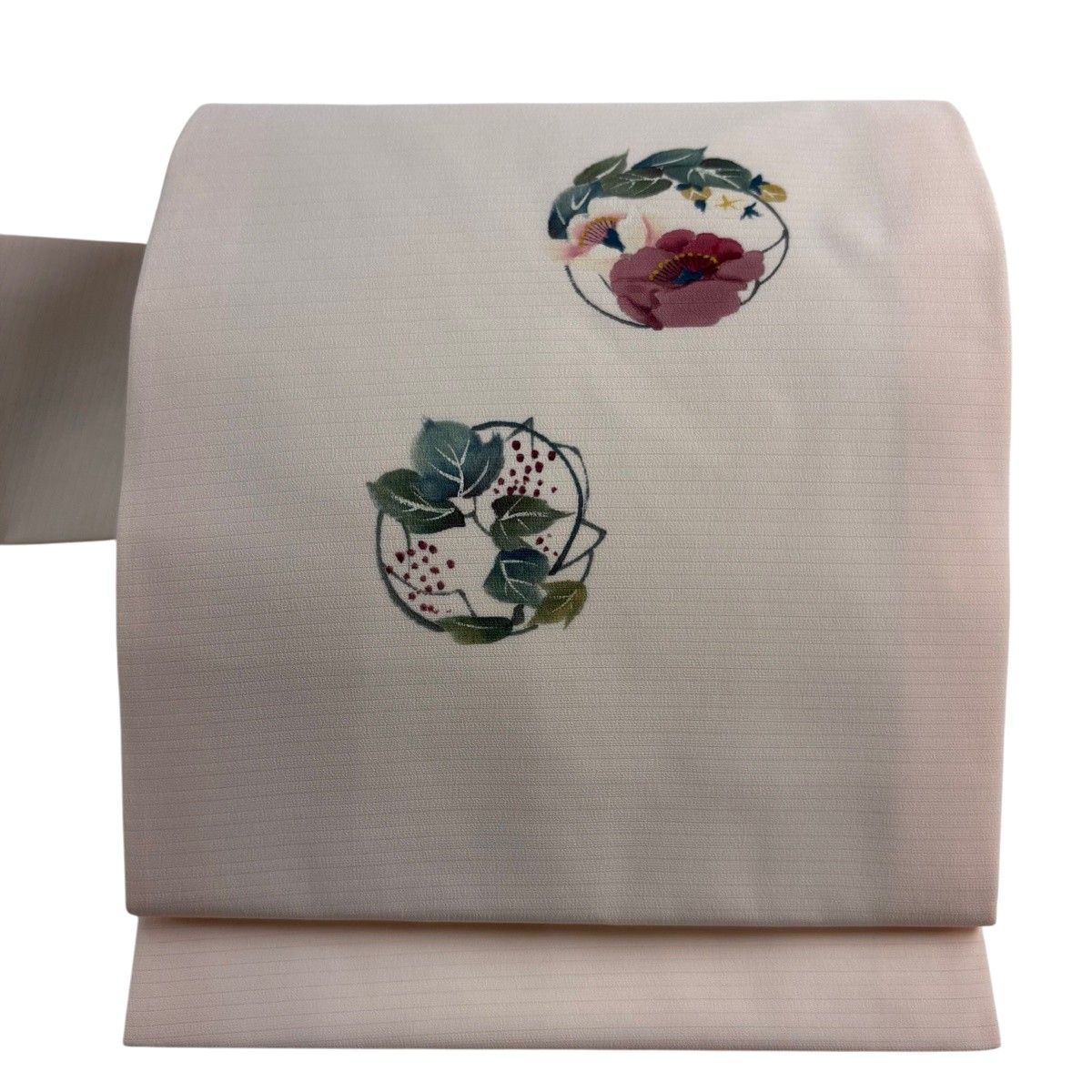 【美品】 名古屋帯 秀品 夏帯 絽 花丸文 葉と実 薄ピンク 正絹 【中古】
