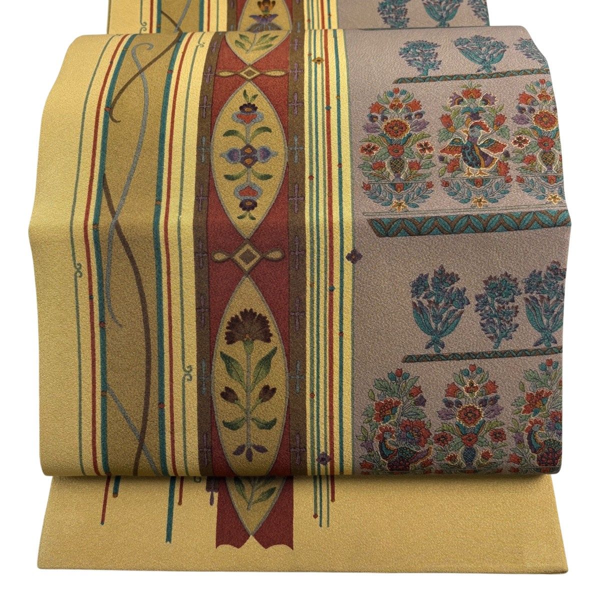 開き名古屋帯 秀品 草花 鳥 金彩 山吹茶色 正絹 【中古】 6,424円