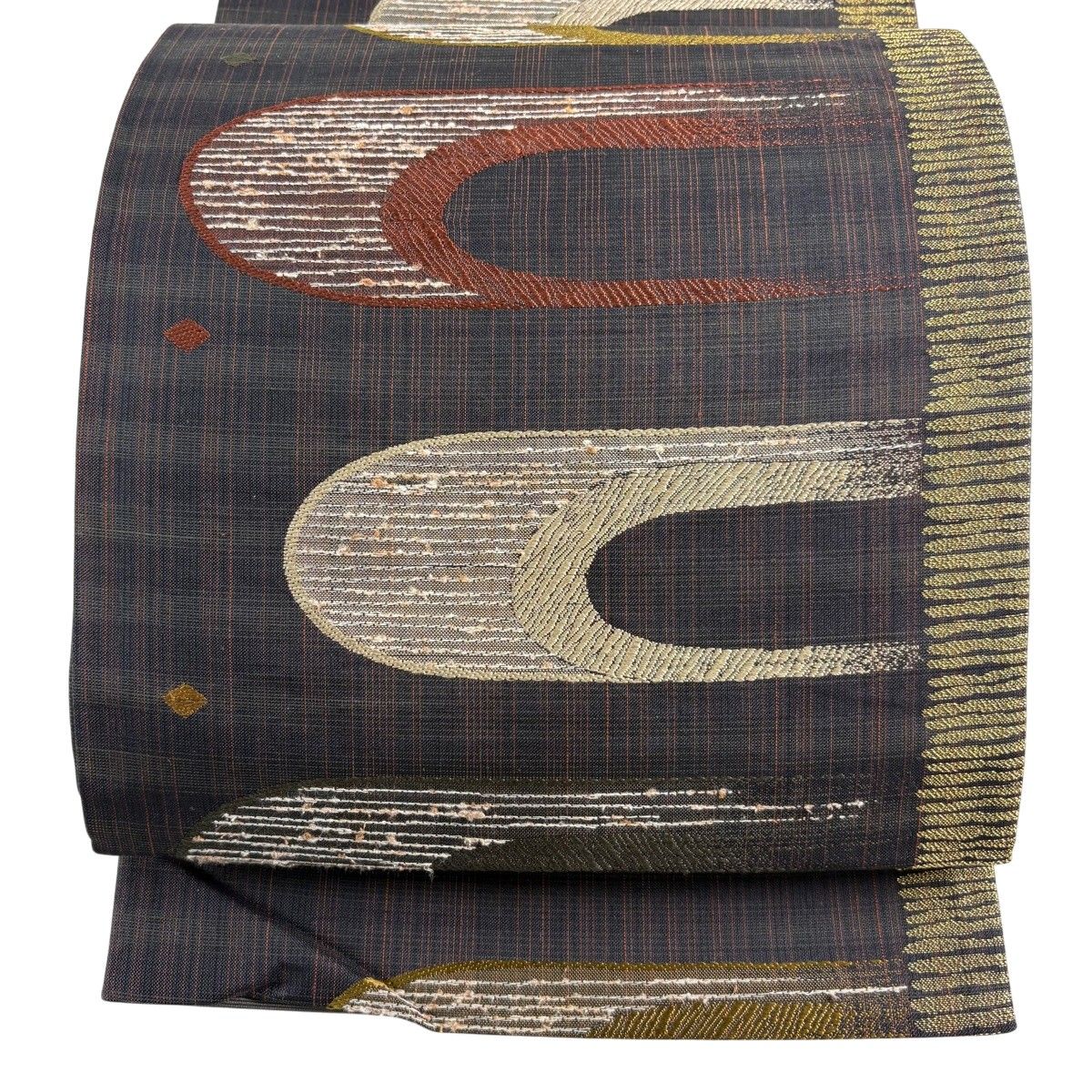 袋帯 秀品 幾何学文様 箔 墨色 六通 正絹 【中古】
