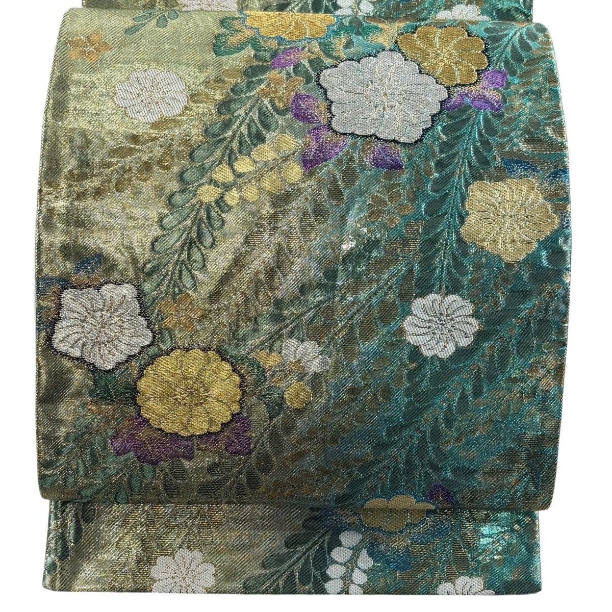 袋帯 秀品 草花 箔 緑 六通 正絹 【中古】