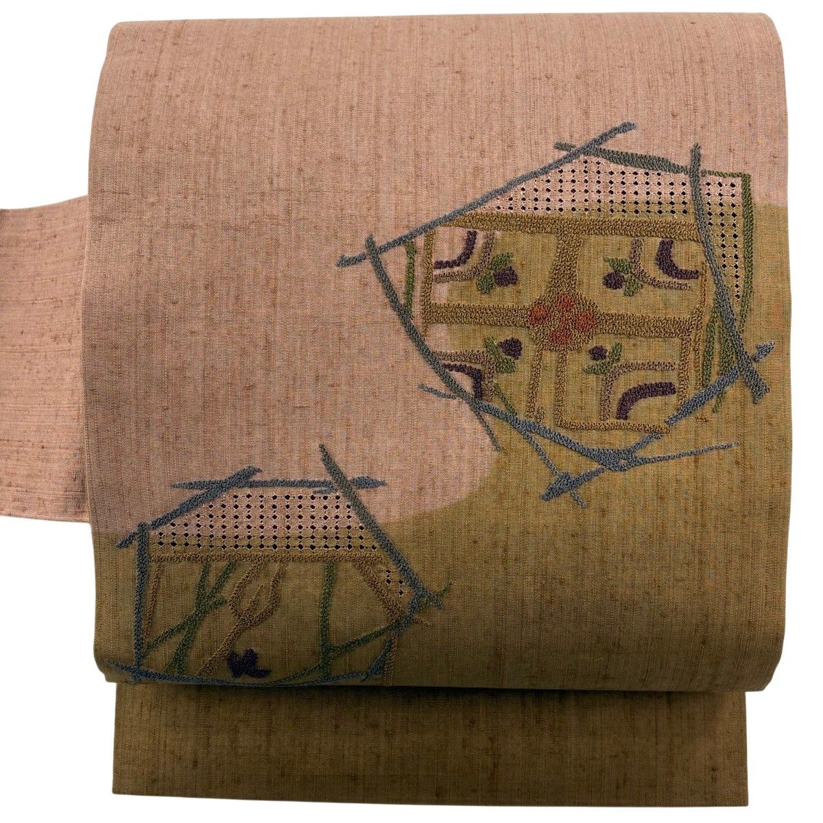 名古屋帯 秀品 紬地 草花 黄土色 正絹 【中古】