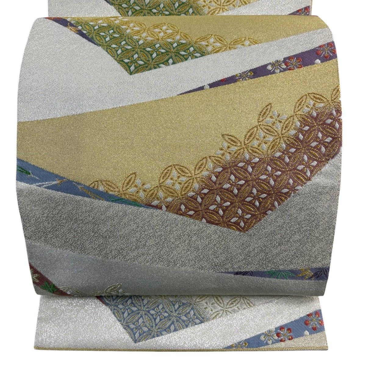 【美品】 袋帯 秀品 梅 七宝 金糸 箔 灰白 六通 正絹 【中古】