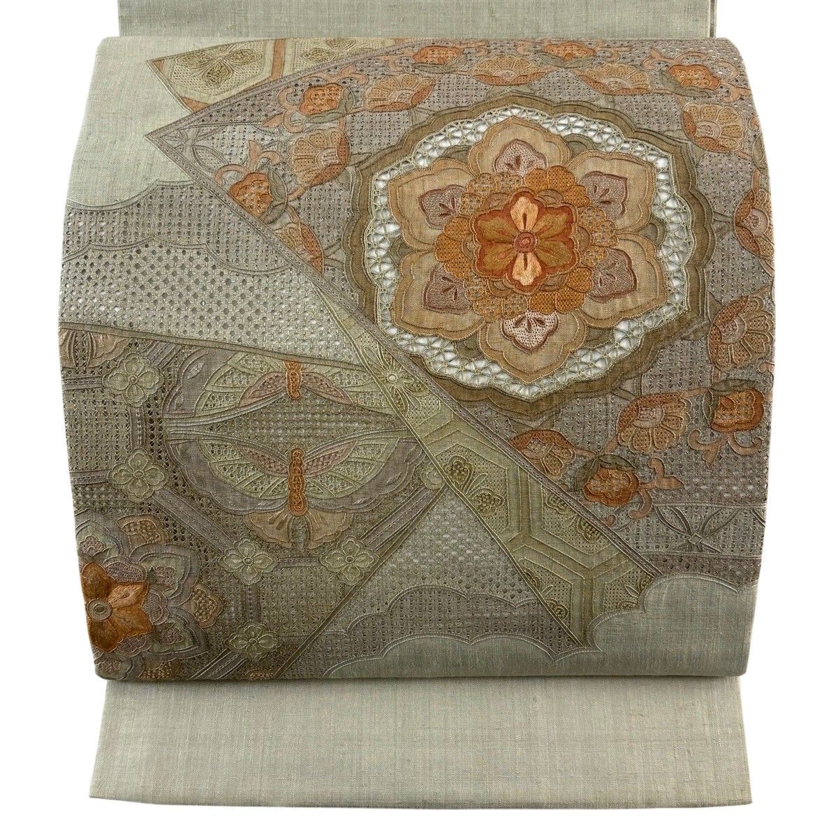 【美品】 袋帯 秀品 紬地 華文 蝶 刺繍 灰緑 お太鼓柄 正絹 【中古】