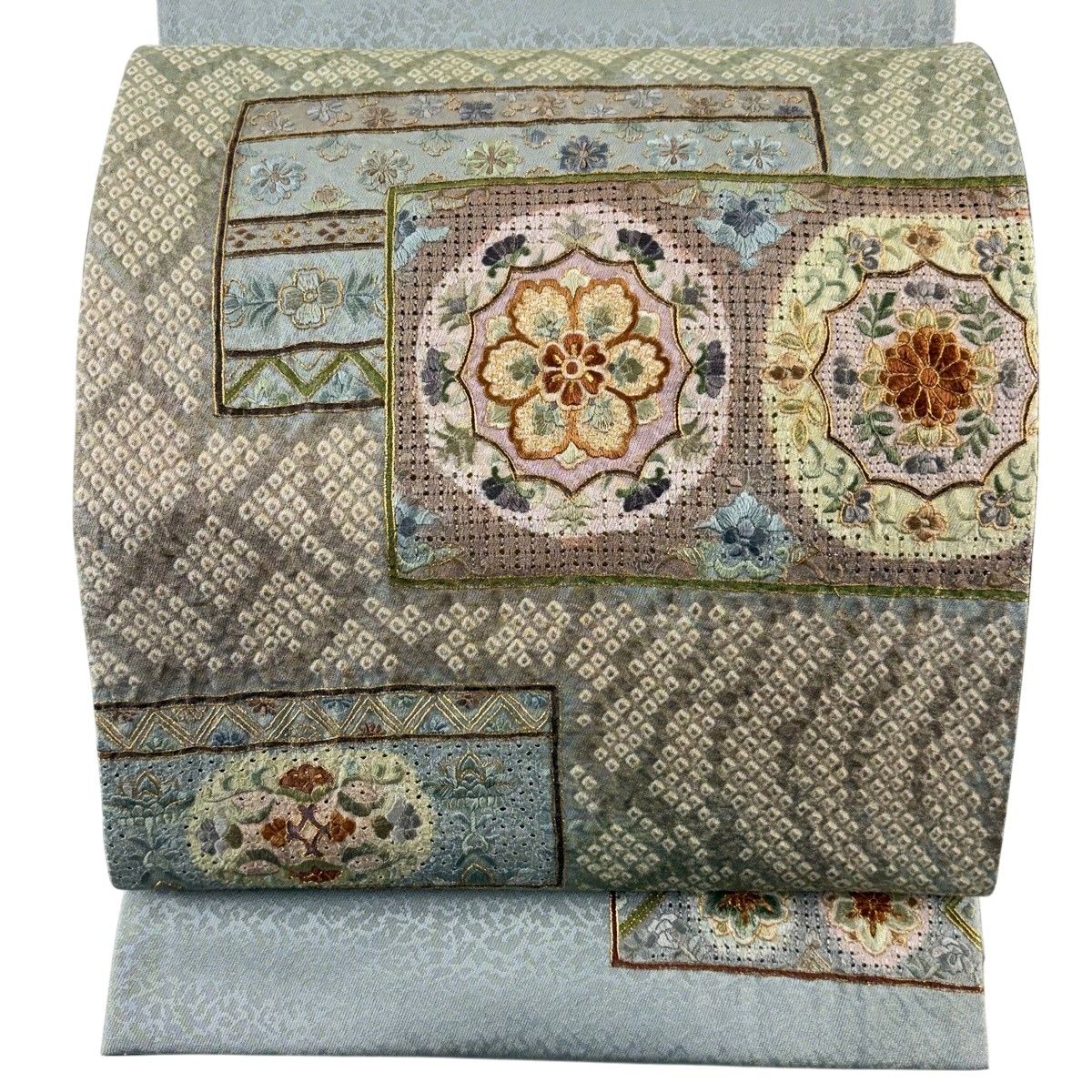 【美品】 袋帯 秀品 やまと 華文 草花 蘇州刺繍 金糸 灰緑 お太鼓柄 正絹 【中古】